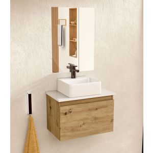 Mueble baño suspendido 49,5cm roble/blanco lavabo cuadrado espejo bellobath