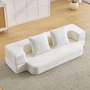 Sofá cama plegable 2 plazas blanco curvo con cojines para salón dormitorio