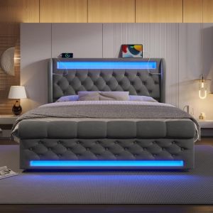 Cama tapizada 140x200 LED usb velour gris