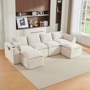 Sofá modular beige de pana 4 plazas con pufs y bolsillos laterales