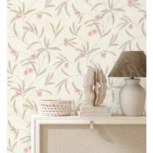 Papel pintado gaulan  de flores rosa coral y hojas gris topo en 5.33m²