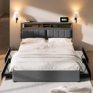 Cama tapizada 140x200cm con 4 cajones y usb c, cabecero ajustable,gris