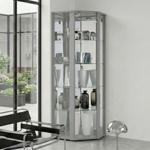 K-möbel vitrina esquina cristal de pie 176x56,5x56,5 cerradura LED plata