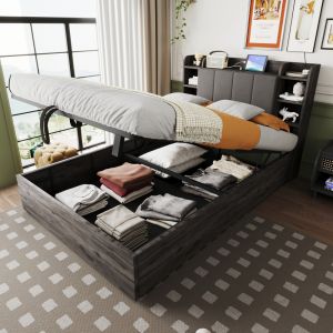 Cama doble 140x200cm con canapé hidráulico y usb-c madera – gris