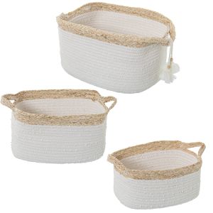 Set 3 cestos hojas maiz, aLGodon natural, blanco