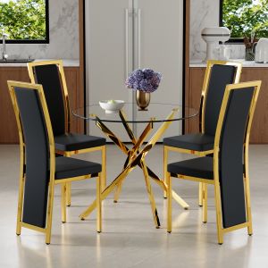 Mesa de comedor redonda con 4 sillas vidrio y metal negro dorado 75x88x88cm