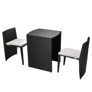 vidaXL mesa y sillas bistró jardín 3 pzas y cojines poli ratán negro