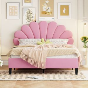 Cama tapizada 140x200cm con cabecero floral y lamas – rosa