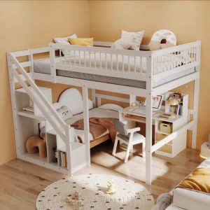 Cama de madera 140x200cm con escalera y almacenaje – blanco