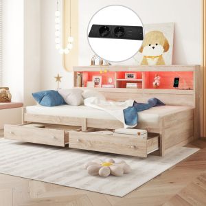 Sofá cama 90x200cm con LED, usb, enchufes y cajones madera – color natural