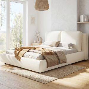 Cama tapizada 160x200 cm con canapé y cabecero bouclé – color beige