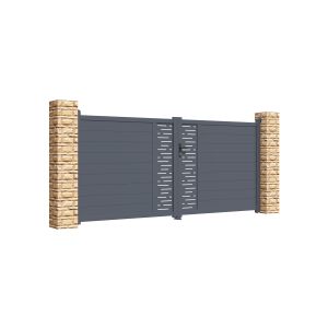 Puerta batiente 350x160cm + puerta peatonal 100x160cm gris + 4 postes elda