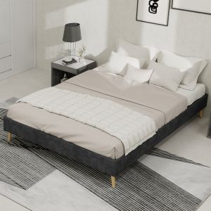 Cama tapizada 140x200 cm con cabecero alto terciopelo y metal – color gris