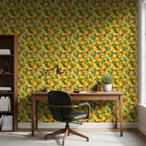 Papel floral diseño botánico hojas verdes y naranjas 60cm por 300cm