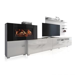 Salón con mueble de tv y chimenea eléctrica 290 cm olympo blanco