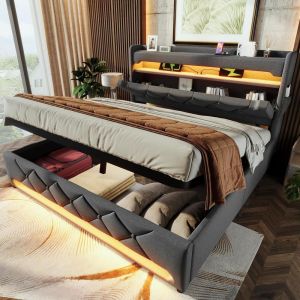 Cama doble 140x200cm tapizada LED gris con cabecero