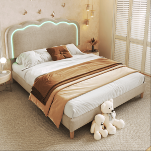 Cama tapizada 140x200cm con cabecero LED ajustable lino – beige