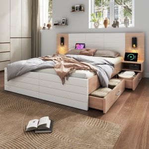 Cama doble 140x200cm cajones luz lectura usb madera blanco roble