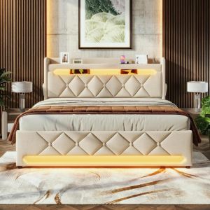 Cama doble 140x200cm beige con cabecero LED y almacenamiento