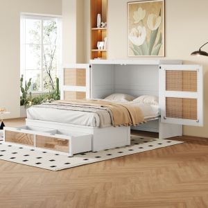 Cama empotrada, 140 x 200 cm, diseño de mimbre, cama de madera, blanco.