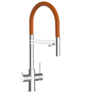 Grifo cocina 5 vías acero inox ducha 2 chorros amovible, cepillado/naranja