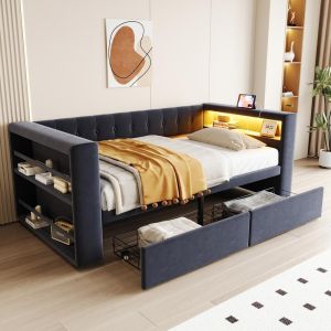 Cama 90x190cm con LED, enchufe, almacenaje y cajones, gris oscuro