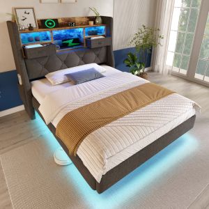 Cama tapizada 90x200cm LED carga almacenaje lino gris con colchón