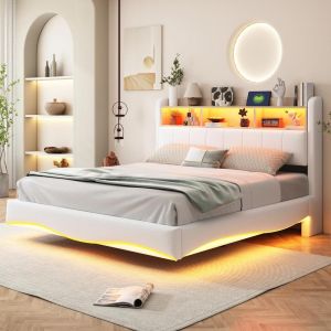 Cama 160x200 cm con efecto suspendido, LED, usb-c y almacenaje beige