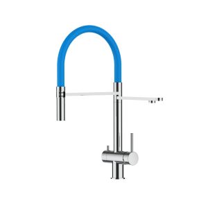 Grifo de cocina 3vías acero inox ducha 2chorros amovible, pulido/azul claro