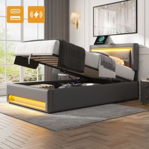 Cama tapizada 90x190cm con canapé hidráulico, LED y usb pu – gris