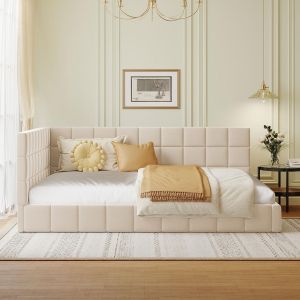 Sofá cama 140x200cm velours convertible con somier y baúl beige
