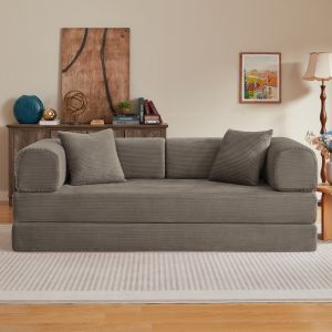 Sofá cama 2 plazas terciopelo acanalado taupe con cojines