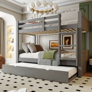 Litera 90x200cm con cama extra y escalera madera gris