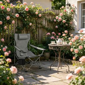 Silla camping reclinable gris con reposapiés extraíble