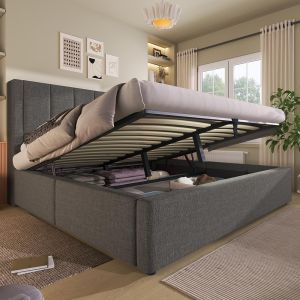 Cama tapizada,140x200,portavasos ocultos,gris,con colchón