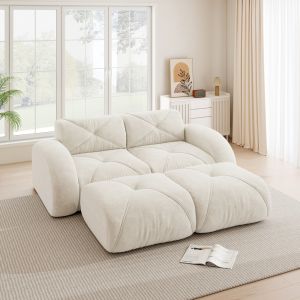 Sofá modular 2 plazas chenilla blanco con 2 otomanas