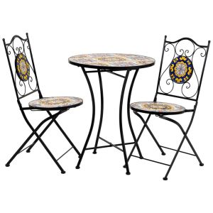 Conjunto amalfi mesa y dos sillas de mosaico y forja negro mesa