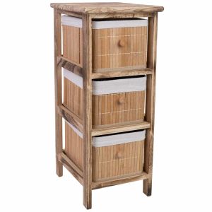 Cajonera marrón de madera con 3 cajones de bambú forrados 26x32x63 cm