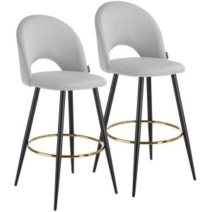 2 taburetes altos de terciopelado, respaldo y reposapiés, gris/negro