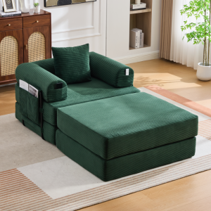 Sillón modular de pana verde esmeralda con reposapiés y cojín