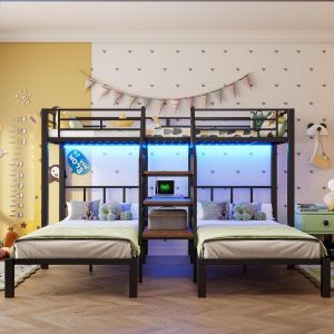 Litera triple con escalera almacenaje LED 90x200cm negro