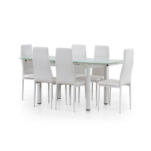 Mesa de cristal extensible 170cm + 6 sillas polipiel, blanco