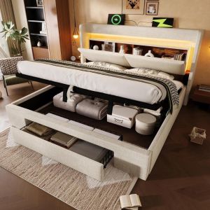 Cama 180x200 cm beige con cabecero LED, usb y elevación