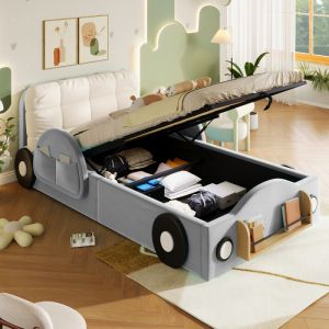 Cama tapizada 90x200cm con almacenaje hidráulico y bolsillos franela gris
