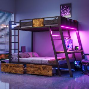 Litera metálica 90x200cm con escritorio, LED y almacenaje mdf y metal negro