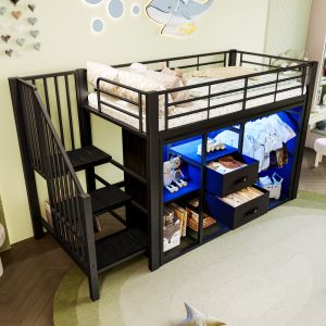 Cama alta 90x200 cm con 2 cajones, armario abierto y LED metal – negro