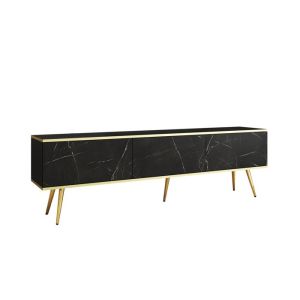 Mueble de tv contemporáneo - negro mármol y patas doradas - 175x30x52 cm