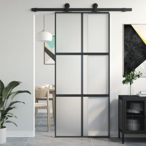 Puerta corredera vidrio templado y aluminio negra 90x205 cm esxt5065