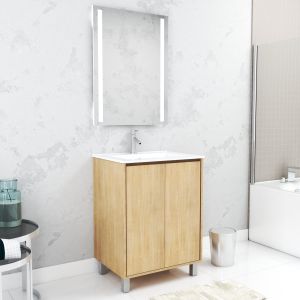 Pack mueble 60 cm roble claro 2 puertas lavabo espejo 60x80 + LED
