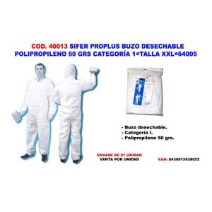 Sifer traje protector buzo desechable polipropileno 50gr cat 1 xxl 64005